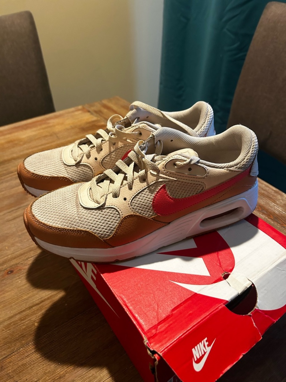 Nike Beige and Brown Low-Top Sneakers with Red Swoosh